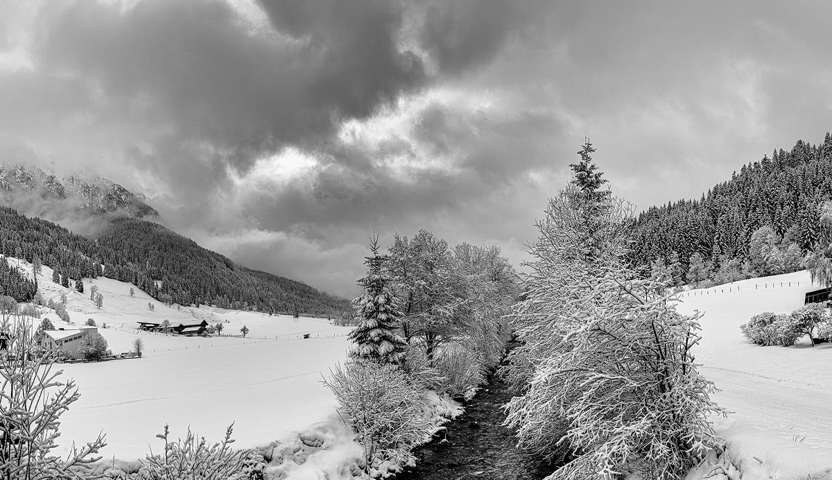 Winter landscape in Kleinarl in Salzburger Land with snow-covered mountains