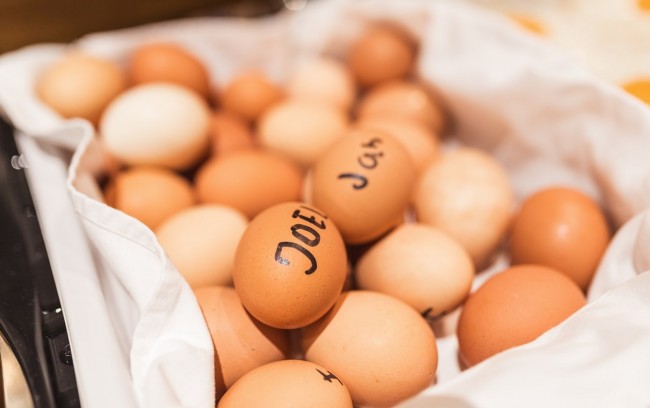 Beim Frühstück finden die Kinder die Eier wieder, die sie am Vortag im Hühnerstall gefunden haben