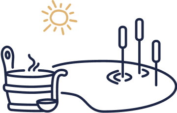 Eine Sonne, ein h&ouml;lzerner K&uuml;bel und Schilfrohr zeichnen einen Teich