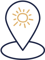 Ein blauer Standortmarker mit einer Sonne in der Mitte