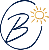 A blue letter 'B' with a yellow sun in an oval circle